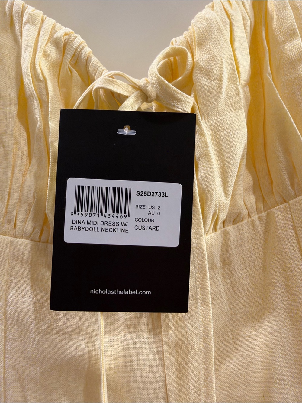 Yellow linen/cotton Midi Dress with Babydoll Neckline